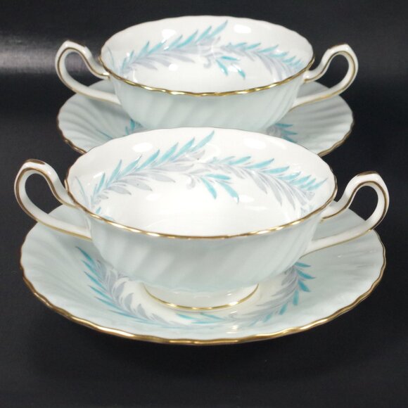 Set of 3 Minton "Symphony Blue" Footed Cream Soup Bowls and Saucers Bone China - Picture 4 of 7